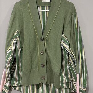 Zaket & Plover Stripe Trim Mixed Media Cardigan Green Large Cotton Silk Blend